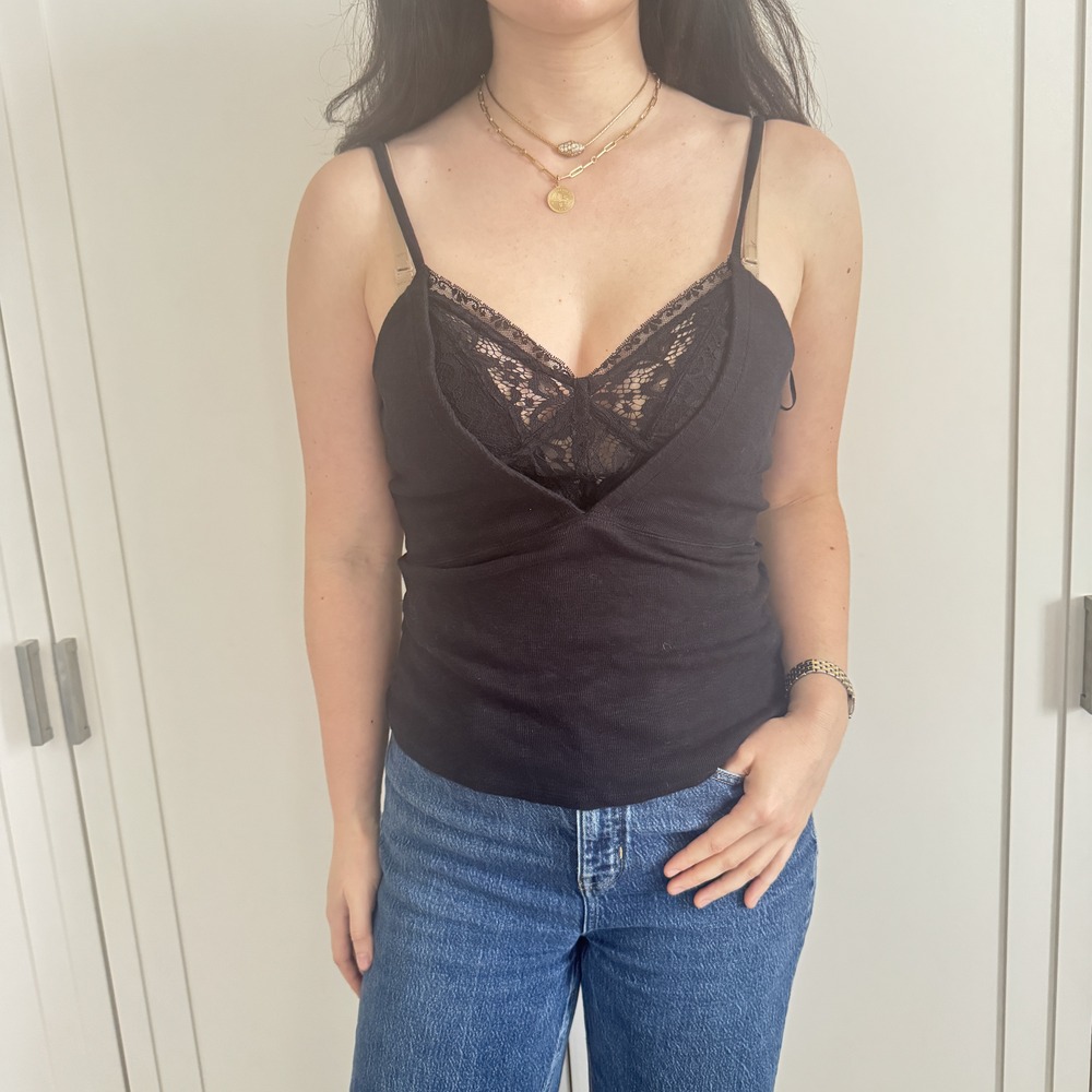 Free People Lace Trim Deep V Cami Tank Black M